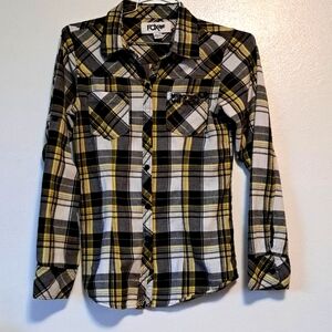 Fox plaid button front shirt black yellow cotton.
